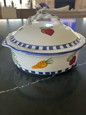 Mesa International Hand-Painted White Mixed Vegetable Ceramic Covered Casserole